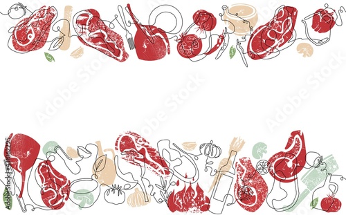 Two top and bottom Seamless Patterns with Meat, Vegetables, Utensils and empty space for text. Vector Background. Frame with organic food. Can be also yused like Banner, Flyer, Texture, Poster.