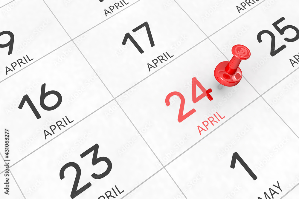 3d rendering of important days concept. April 24th. Day 24 of month. Red date written and pinned on a calendar. Spring month, day of the year. Remind you an important event or possibility. 3d rendering of important days concept. April 24th. Day 24 of month. Red date written and pinned on a calendar. Spring month, day of the year. Remind you an important event or possibility.