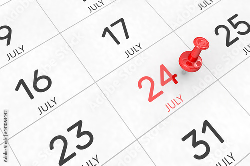 3d rendering of important days concept. July 24th. Day 24 of month. Red date written and pinned on a calendar. Summer month, day of the year. Remind you an important event or possibility.
