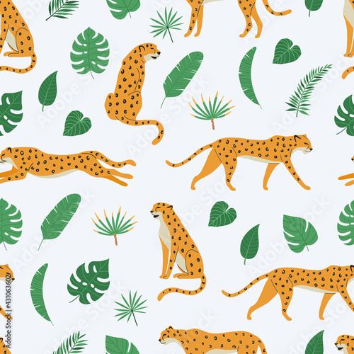 Seamless pattern of cheetahs or leopards and tropical exotic leaves. Background with Jungle wild animals. Vector illustration