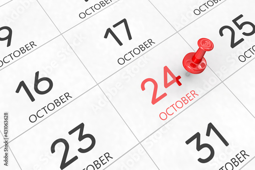 3d rendering of important days concept. October 24th. Day 24 of month. Red date written and pinned on a calendar. Autumn month, day of the year. Remind you an important event or possibility.