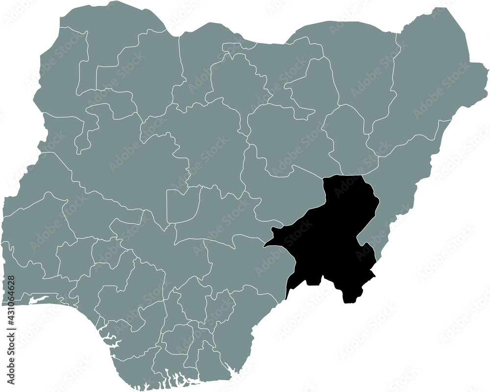 Obraz premium Black highlighted location map of the Nigerian Taraba state inside gray map of the Republic of Nigeria