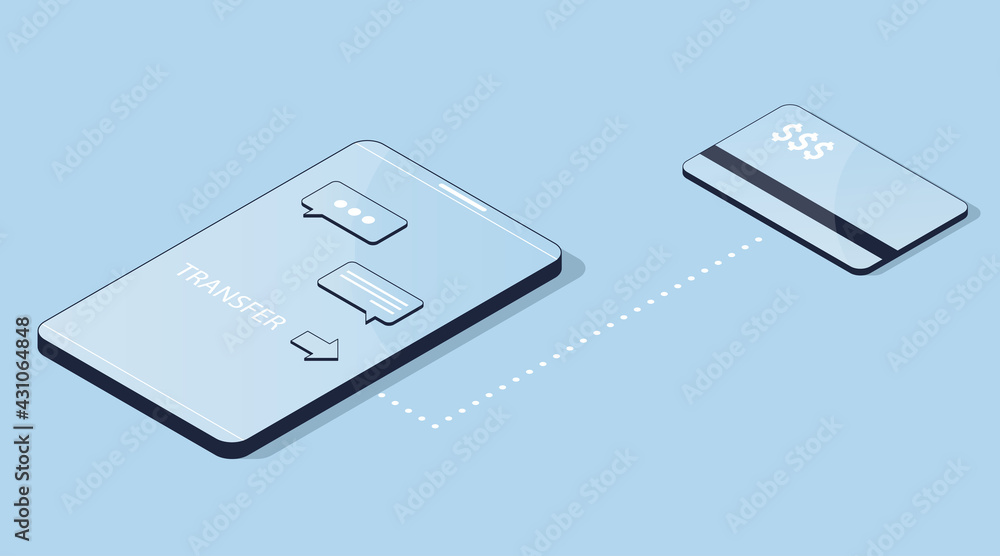 Isometric 3d vector illustration. Money transfer from a smartphone to a bank plastic card. Online banking. Isometric 3d vector illustration. Money transfer from a smartphone to a bank plastic card. Online banking.