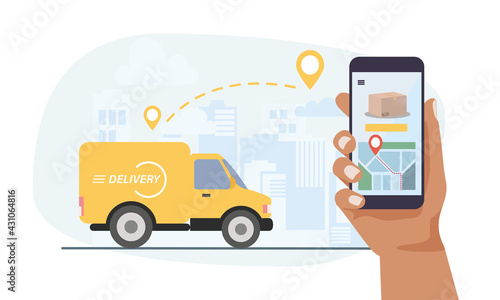 Delivery service concept, yellow delivery car, hand holding smartphone with location and parcel. Vector illustration in flat style