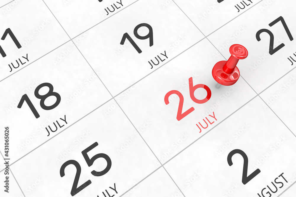3d rendering of important days concept. July 26th. Day 26 of month. Red date written and pinned on a calendar. Summer month, day of the year. Remind you an important event or possibility. 3d rendering of important days concept. July 26th. Day 26 of month. Red date written and pinned on a calendar. Summer month, day of the year. Remind you an important event or possibility.