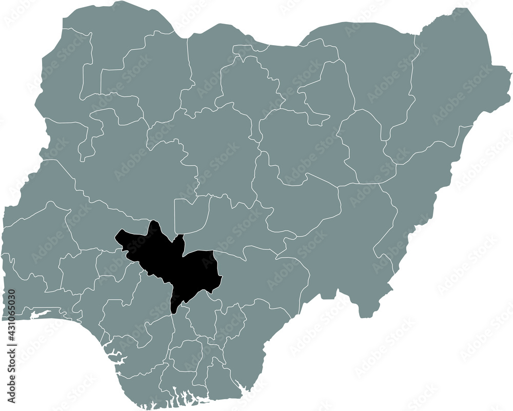 Black highlighted location map of the Nigerian Kogi state inside gray map of the Republic of Nigeria Black highlighted location map of the Nigerian Kogi state inside gray map of the Republic of Nigeria