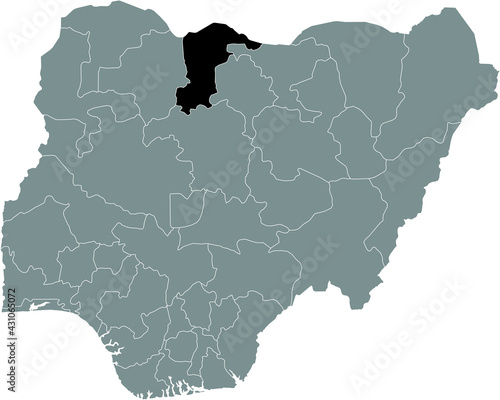 Black highlighted location map of the Nigerian Katsina state inside gray map of the Republic of Nigeria