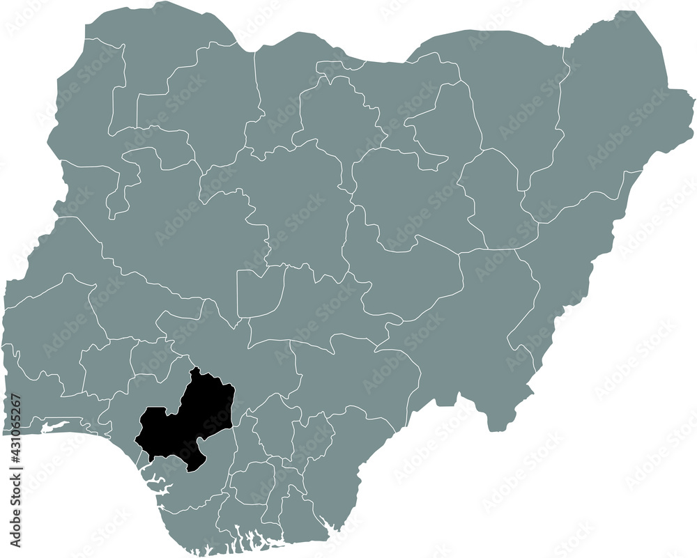 Black highlighted location map of the Nigerian Edo state inside gray map of the Republic of Nigeria Black highlighted location map of the Nigerian Edo state inside gray map of the Republic of Nigeria