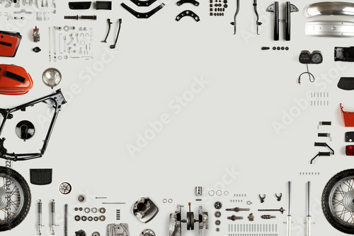 frame lined with parts of a disassembled motorcycle on a light background