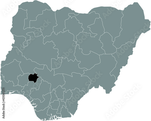 Black highlighted location map of the Nigerian Ekiti state inside gray map of the Republic of Nigeria photo