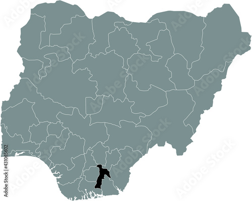 Black highlighted location map of the Nigerian Abia state inside gray map of the Republic of Nigeria