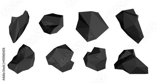 Black low poly stones set. Pieces of coal. Vector design elements.
