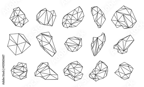 Outline low poly vector stones set. Modern polygonal mesh design elements.