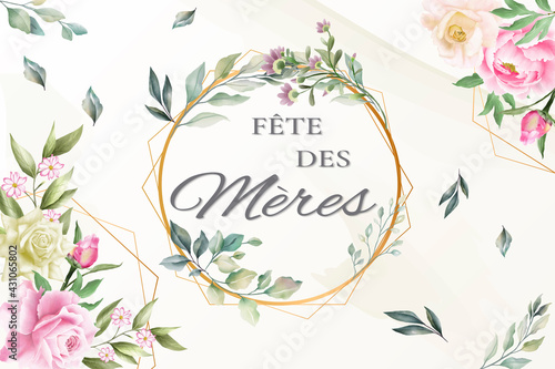 carte ou bandeau sur la Fête des Mères en vert dans un cercle doré avec des fleurs et des feuilles vet tout ,autour des fleurs rose saumon et blanches et des feuilles 
