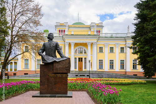 Monument to Nikolai Rumyantsev in Gomel. Gomel palace and park ensemble. Belarus. Blooming tulips in the park photo