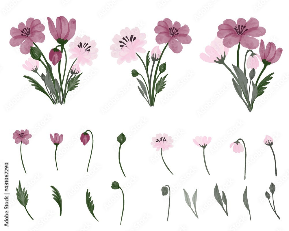 simple floral bouquet of pink with flowers, buds, and green leaves. vector design