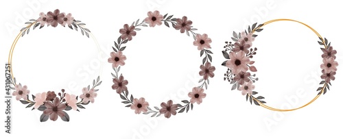 circle frame with watercolor floral of brown. vector floral vintage frame on a white background 