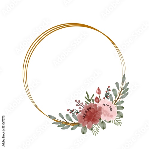circle gold frame with watercolor floral. vector floral vintage frame on a white background, 