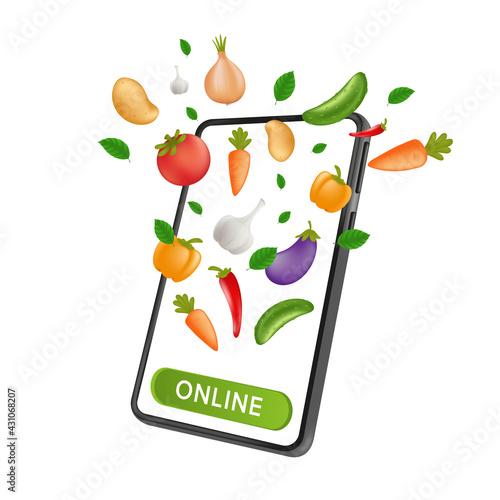 Fresh Farm grocery market. Food service online order and Delivery. Mobile smartphone with natural vegetables and a click button on the screen. Vector illustration isolated on a white background