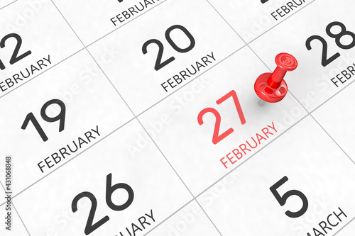 3d rendering of important days concept. February 27th. Day 27 of month. Red date written and pinned on a calendar. Winter month, day of the year. Remind you an important event or possibility.