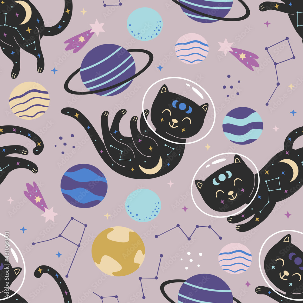 seamless pattern with black cats in space 