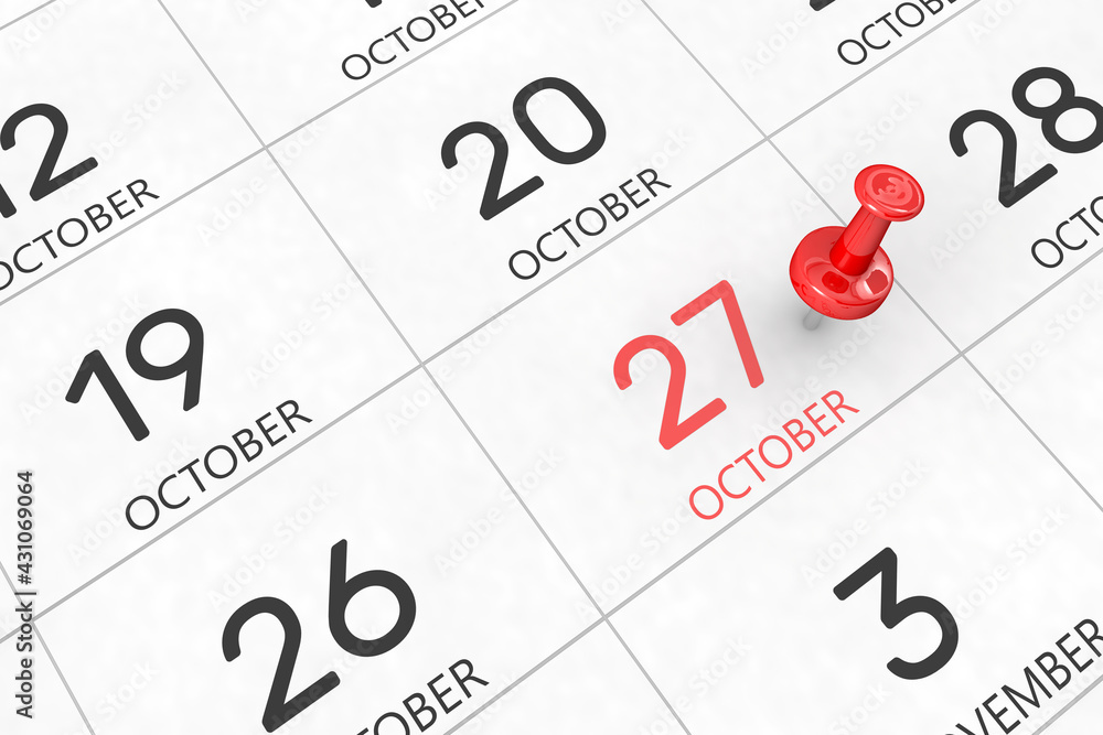 3d rendering of important days concept. October 27th. Day 27 of month. Red date written and pinned on a calendar. Autumn month, day of the year. Remind you an important event or possibility. 3d rendering of important days concept. October 27th. Day 27 of month. Red date written and pinned on a calendar. Autumn month, day of the year. Remind you an important event or possibility.