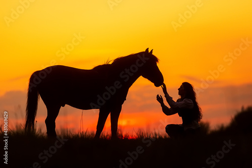 silhouette of a woman sitting on the ground and talking with her horse