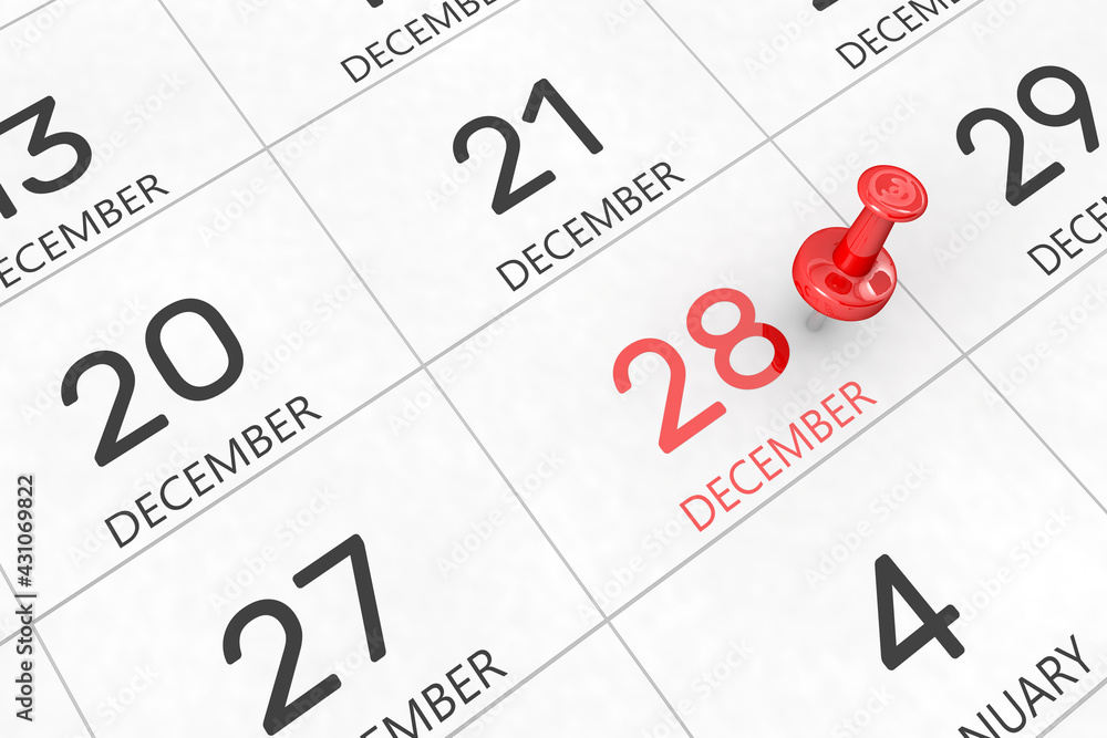 3d rendering of important days concept. December 28th. Day 28 of month. Red date written and pinned on a calendar. Winter month, day of the year. Remind you an important event or possibility. 3d rendering of important days concept. December 28th. Day 28 of month. Red date written and pinned on a calendar. Winter month, day of the year. Remind you an important event or possibility.