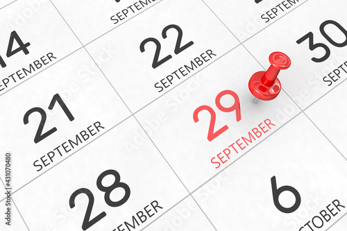 3d rendering of important days concept. September 29th. Day 29 of month. Red date written and pinned on a calendar. Autumn month, day of the year. Remind you an important event or possibility.