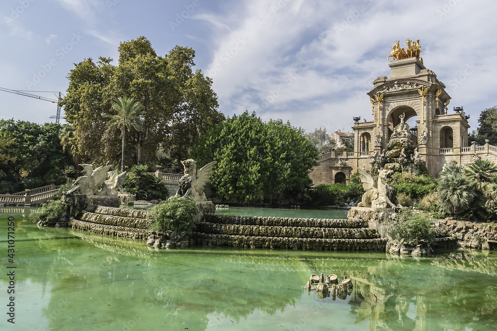 View of Cascada at Parc de la Ciutadella - a triumphal arch with waterfall and fountain built for 1888 Universal exhibition. Barcelona. Spain.