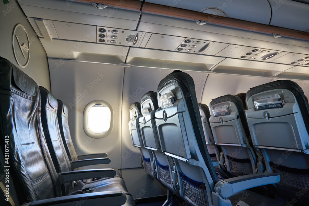 FRANKFURT AM MAIN, GERMANY - CIRCA JANUARY, 2020: interior shot of an Airbus  A320 operated by Lufthansa. Stock Photo | Adobe Stock