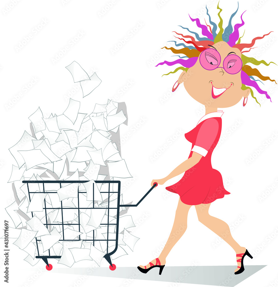 Cartoon young woman with a trolley full of papers illustration.
Cheerfulness woman in sunglasses pulls a trolley full of papers isolated on white
Cartoon young woman with a trolley full of papers illustration.
Cheerfulness woman in sunglasses pulls a trolley full of papers isolated on white