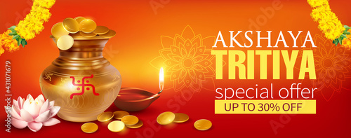 Promotion banner with gold pot (kalash), coins and diya (oil lamp) for Indian festival Akshya Tritiya. Vector illustration.