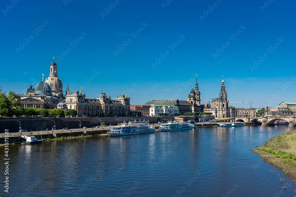 View of the Frauenkirche from the Elbe riverbanks, Dresden, Germany