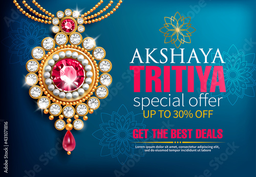 Promotion banner with precious gold necklace for Indian festival Akshya Tritiya. Vector illustration. photo