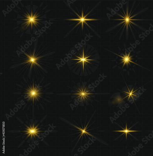 Set of vector transparent flash light effect, sunlight special lens. Bright gold flashes and glares