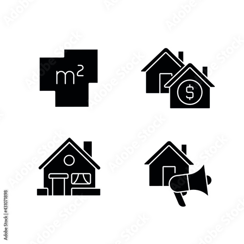 Real estate glyph icons set. House for sale. Black silhouette symbol. Vector isolated illustration