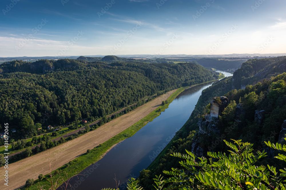 Aerial view over the Elbe River, Saxon Switzerland Germany