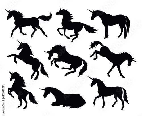 Vector set bundle of hand drawn unicorn silhouette isolated on white background