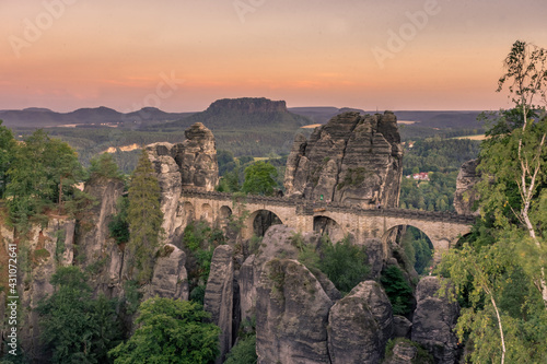 Sunset over the Bastei Bridge in Saxon Switzerland, Germany