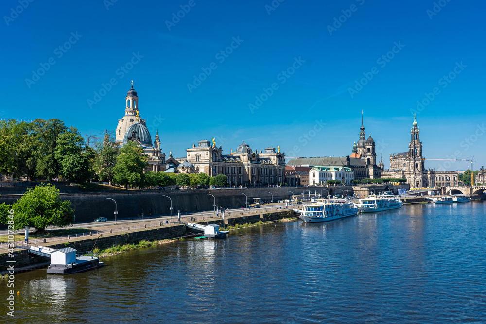 dreSDEN, GERMANY, 23 JULY 2020: View of the FRauenkirche from Elbe riverbanks
