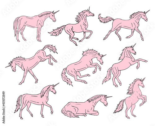 Vector set bundle of pink hand drawn doodle sketch unicorn isolated on white background