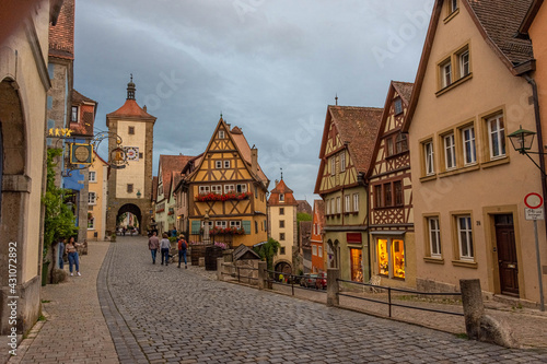 ROTHENBURG OB DER TAUBER  GERMANY  26 JULY 2020 Colorful half-timbered houses in the street of the historic center