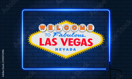 Classic retro Welcome to Las Vegas sign. Neon squared frame. Brick wall background. Simple modern flat vector style illustration.
