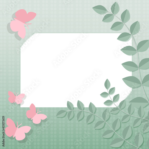 Pusta karta na gradientowym tle w minimalistycznym stylu otoczona gałązkami i motylami wyciętymi z papieru. Życzenia, Dzień Matki, tło dla social media stories, karta podarunkowa, voucher.