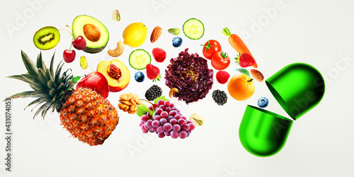 Green Nutritional Supplements Vitamins Pill with flying Fruits and Vegetables on white Background