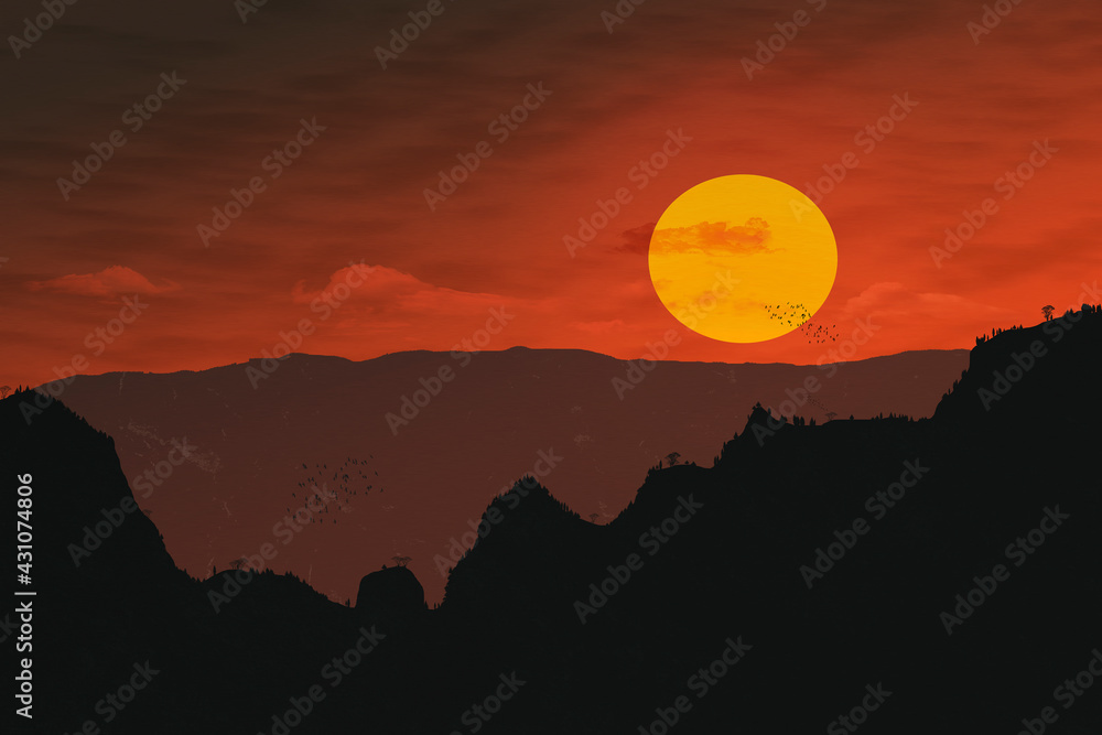 Minimalist landscape in the mountains at sunset