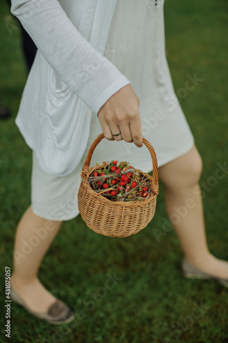 women holding a basket full of berries walking on the grass