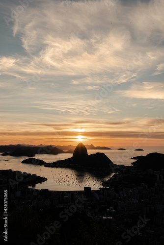 view of Sugar loaf Mountain at the Dona Marta viewpoint in Rio de Janeiro at sunrise