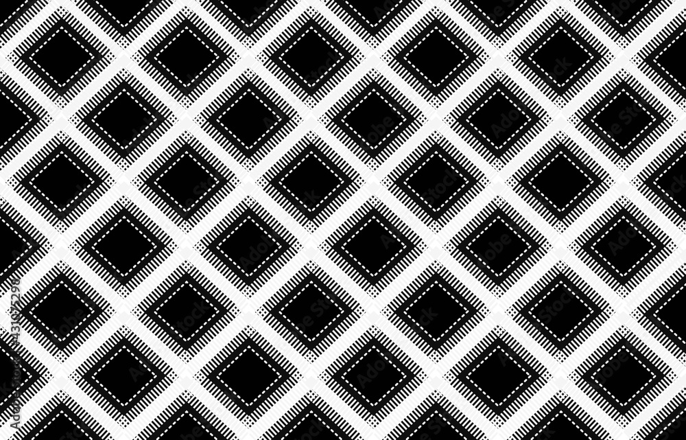 Rows pattern of black and white squares with edging and stitching, texture for textiles and printing on paper Rows pattern of black and white squares with edging and stitching, texture for textiles and printing on paper
